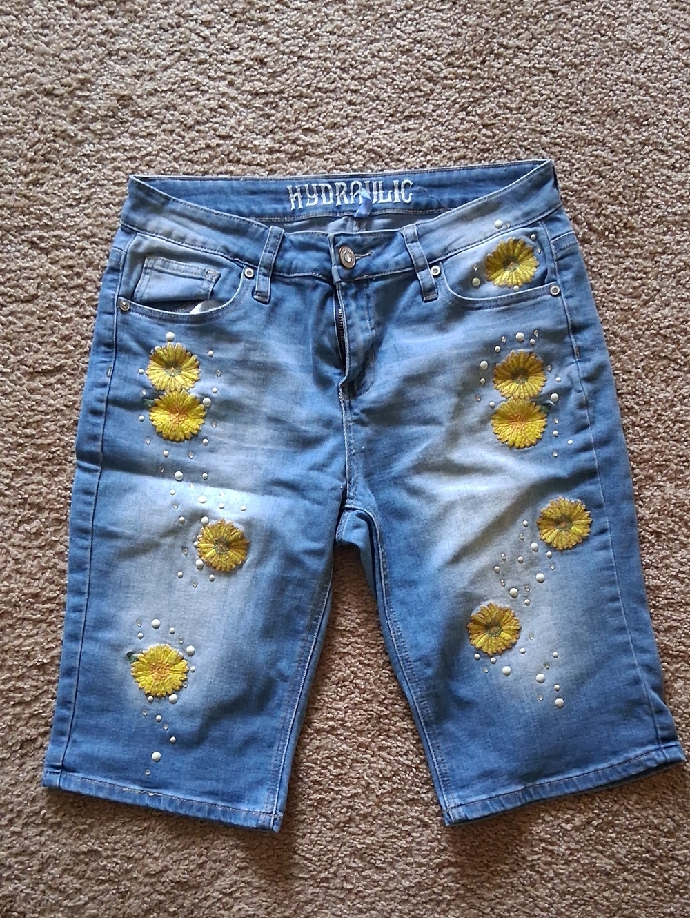 Hydraulic Blue Denim Bermuda Shorts with Yellow Floral Embroidery